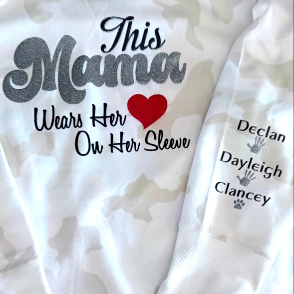 This Mama Wears Her Heart On Her Sleeve Personalized T Shirt, Hoodie, Crewneck